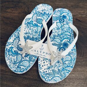 Calypso St. Barth Silver Crystal Starfish White Flip Flops Sandals